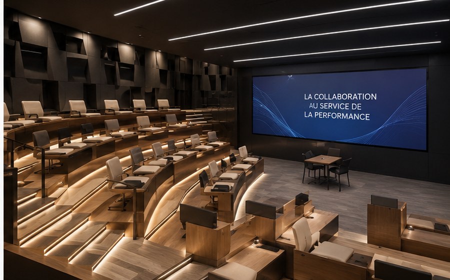 Amphithéâtre avec grand écran et intégration audiovisuelle