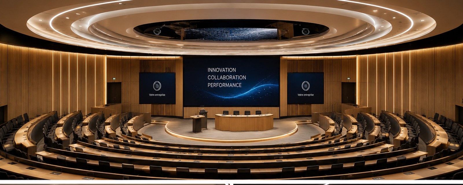 Auditorium audiovisuel professionnel avec mur d'images